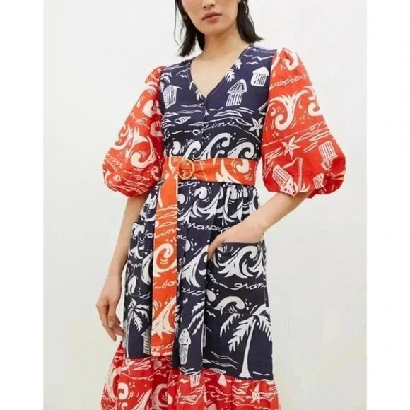 Anthropologie Place Nationale Linen Puff Sleeve Printed Midi Dress Red Small